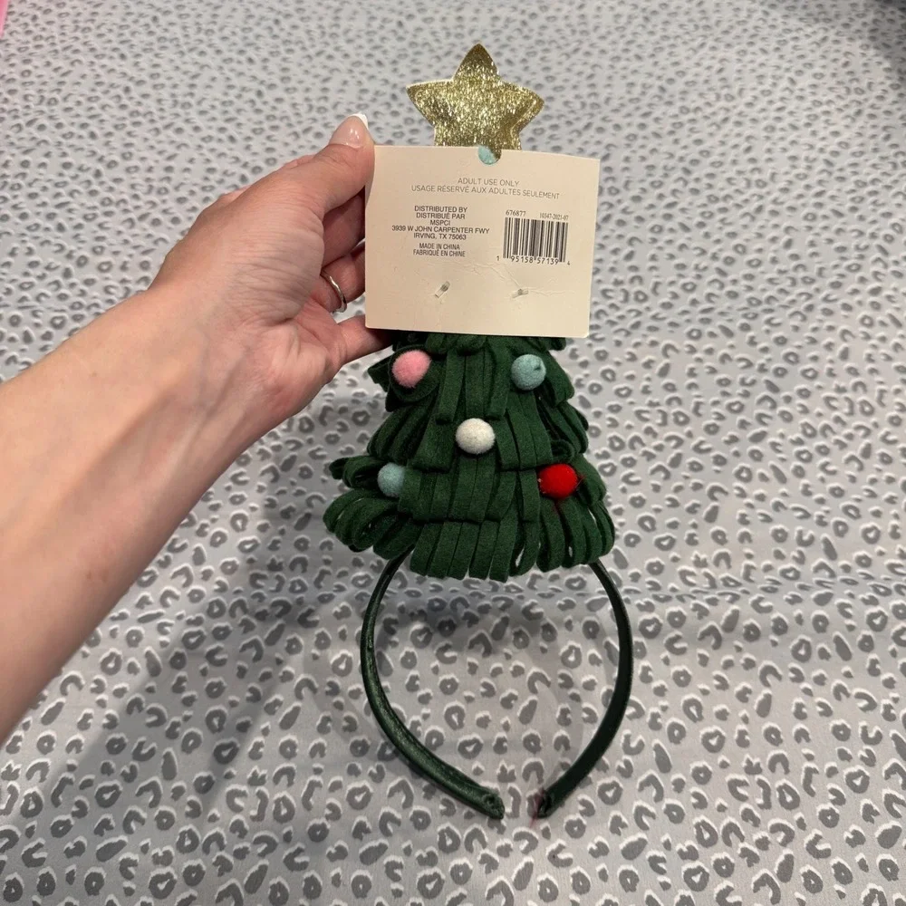 Christmas Tree Headband Green Fringe Pom‎ Poms  Glitter Star Holiday Accessory